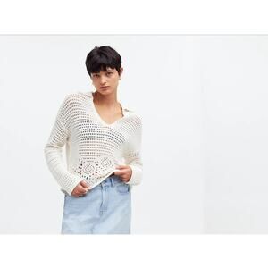 Madewell NWOT White Crochet Polo Sweater Bright Ivory Collared Size Small